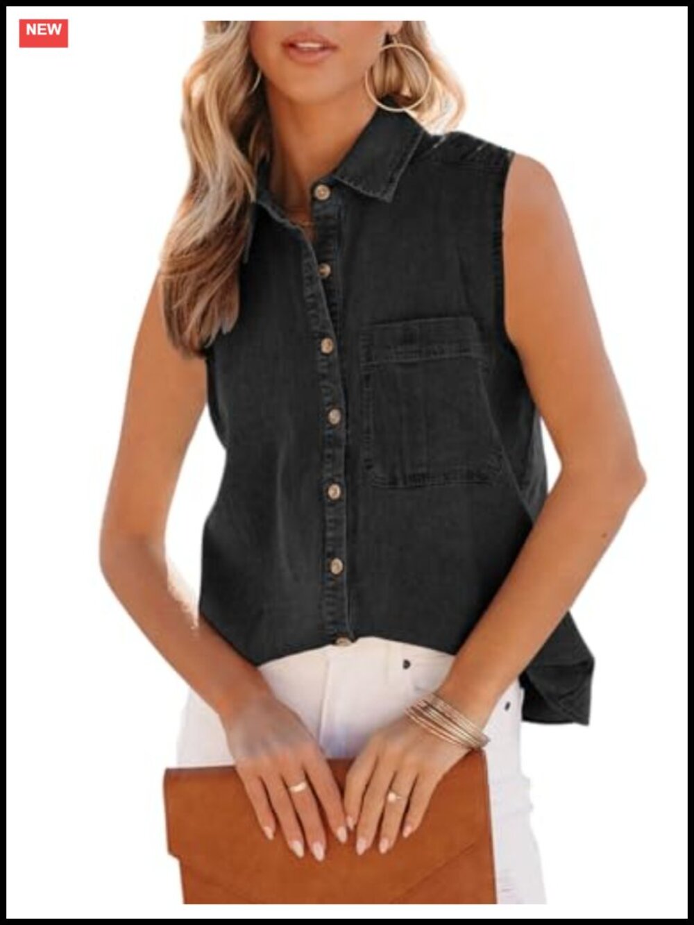 100% Cotton Denim Tank Top V Neck Button Down Collared Sleeveless